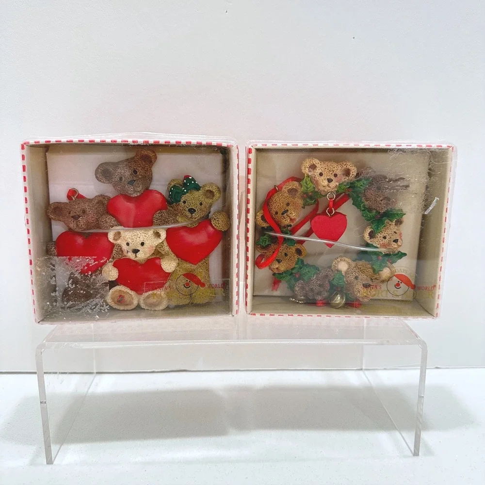 Kurt S Adler Holly Bearies Teddy Bear Christmas Ornaments Set of 2 Hearts Wreath